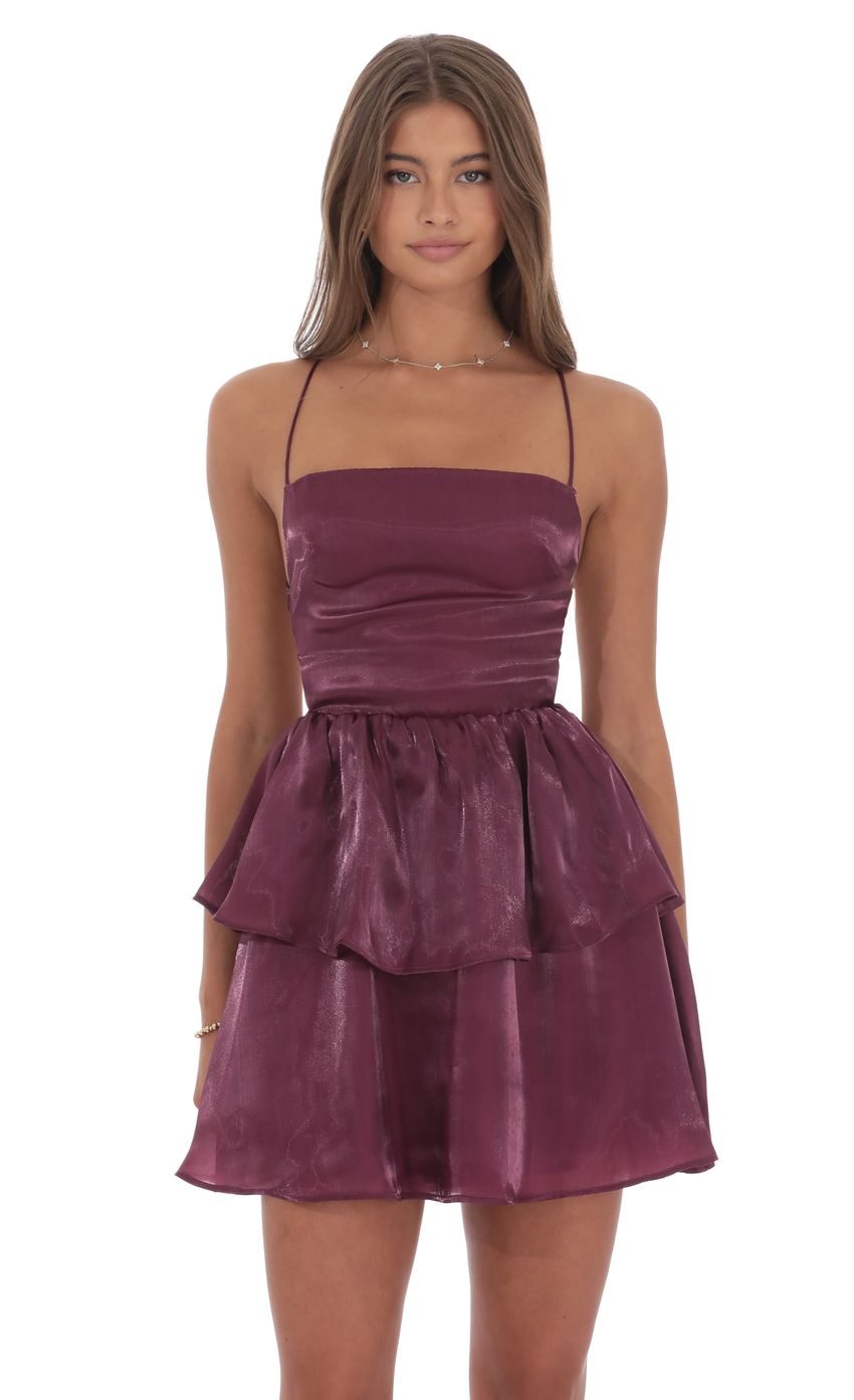 Lucy In The Sky Sheen Ruffle Lace Up Dress in Plum