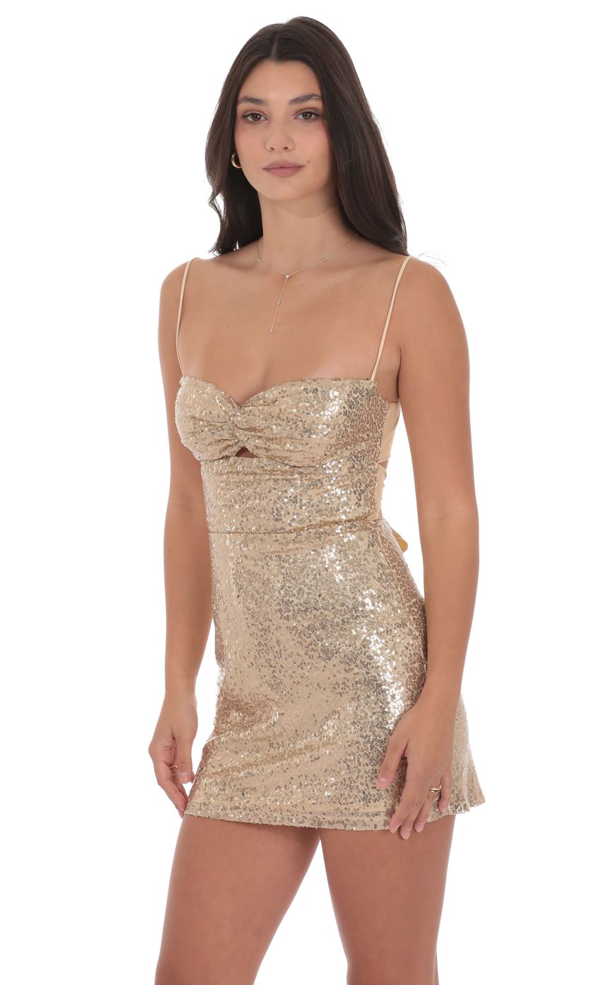 Lucy In The Sky Sequin Front Twist Bodycon Dress in Gold