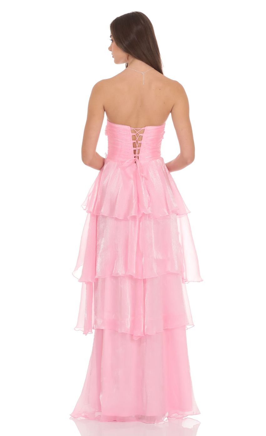 Lucy In The Sky Corset Petal Ruffle Strapless Maxi Dress in Pink