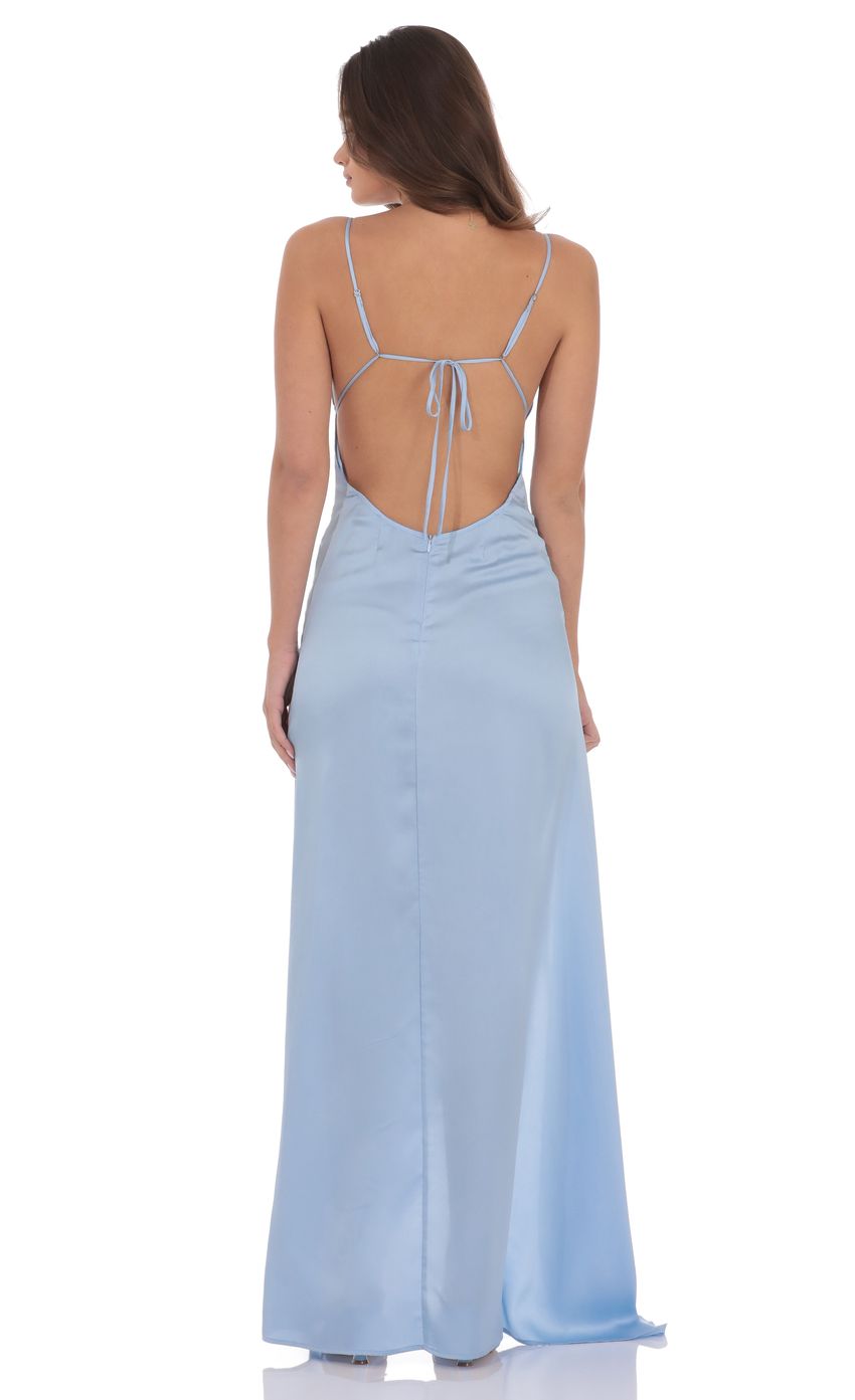 Lucy In The Sky Satin Ruffle Slit Maxi Dress in Light Blue