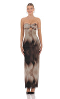 Lucy In The Sky Swirl Mesh Cutout Maxi Dress in Coffee