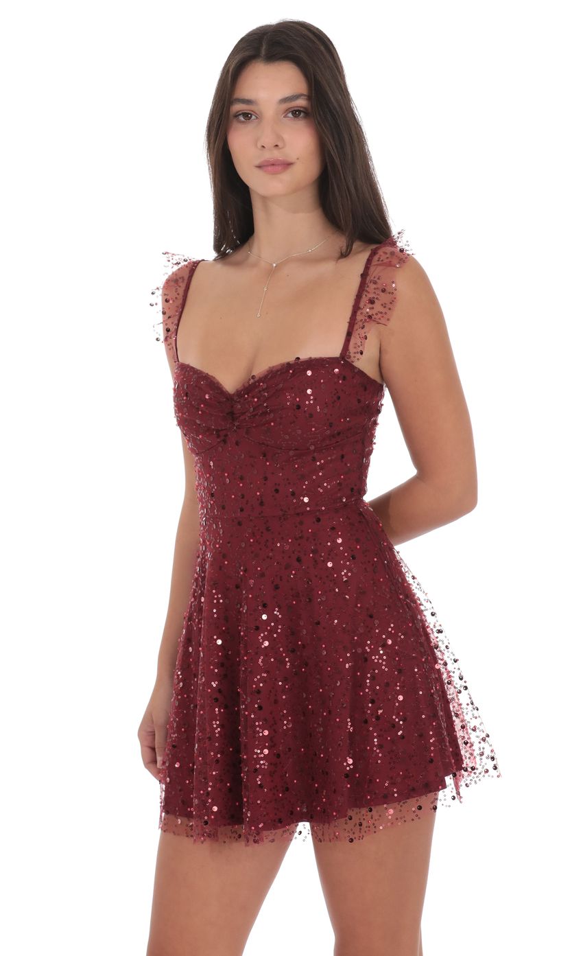 Lucy In The Sky Sequin Ruffle Strap A-Line Dress in Burgundy