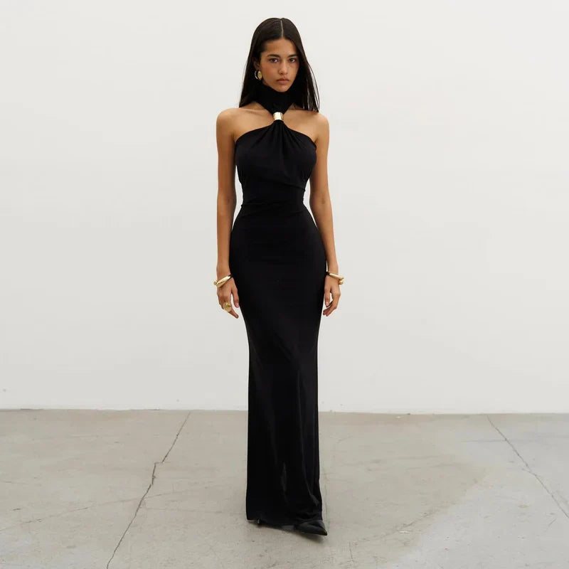 Mermaid Way Alessandra Gold Ring Halter Neck Maxi Dress