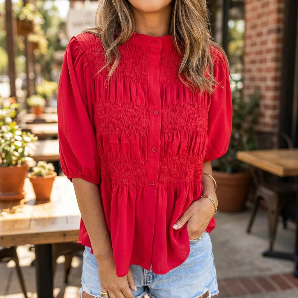 Nabalu Elowira | Women’s Smocked Button Front Peplum Blouse