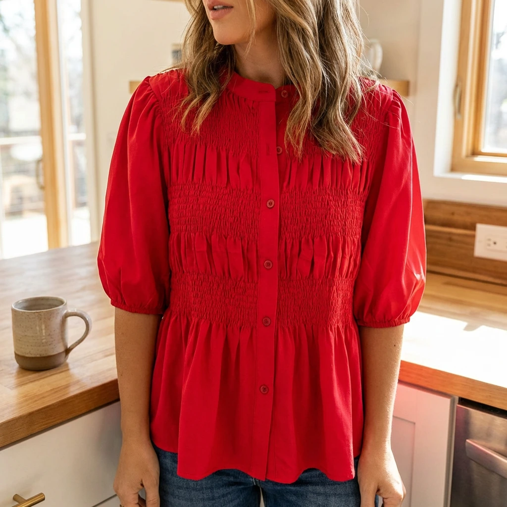 Nabalu Elowira | Women’s Smocked Button Front Peplum Blouse