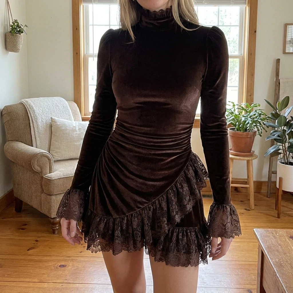 Nabalu Velmira | Women’s Lace Trim Velvet Mini Dress