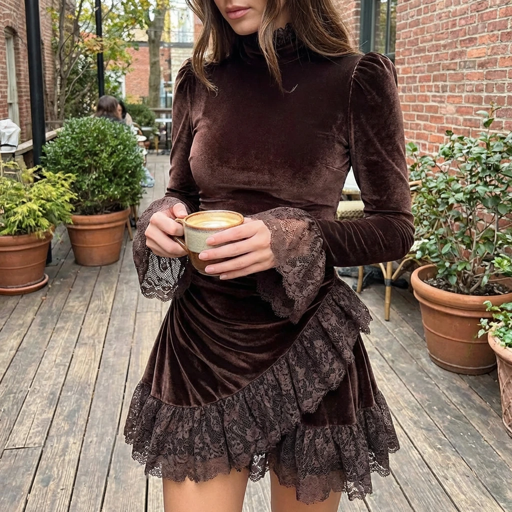 Nabalu Velmira | Women’s Lace Trim Velvet Mini Dress