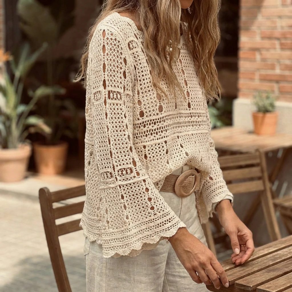 Nabalu Myrelle | Women’s Crochet Lace Bell Sleeve Blouse