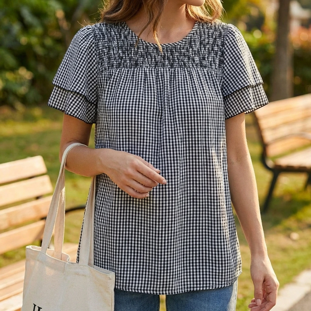 Nabalu Elvarie | Women’s Smocked Gingham Peplum Blouse