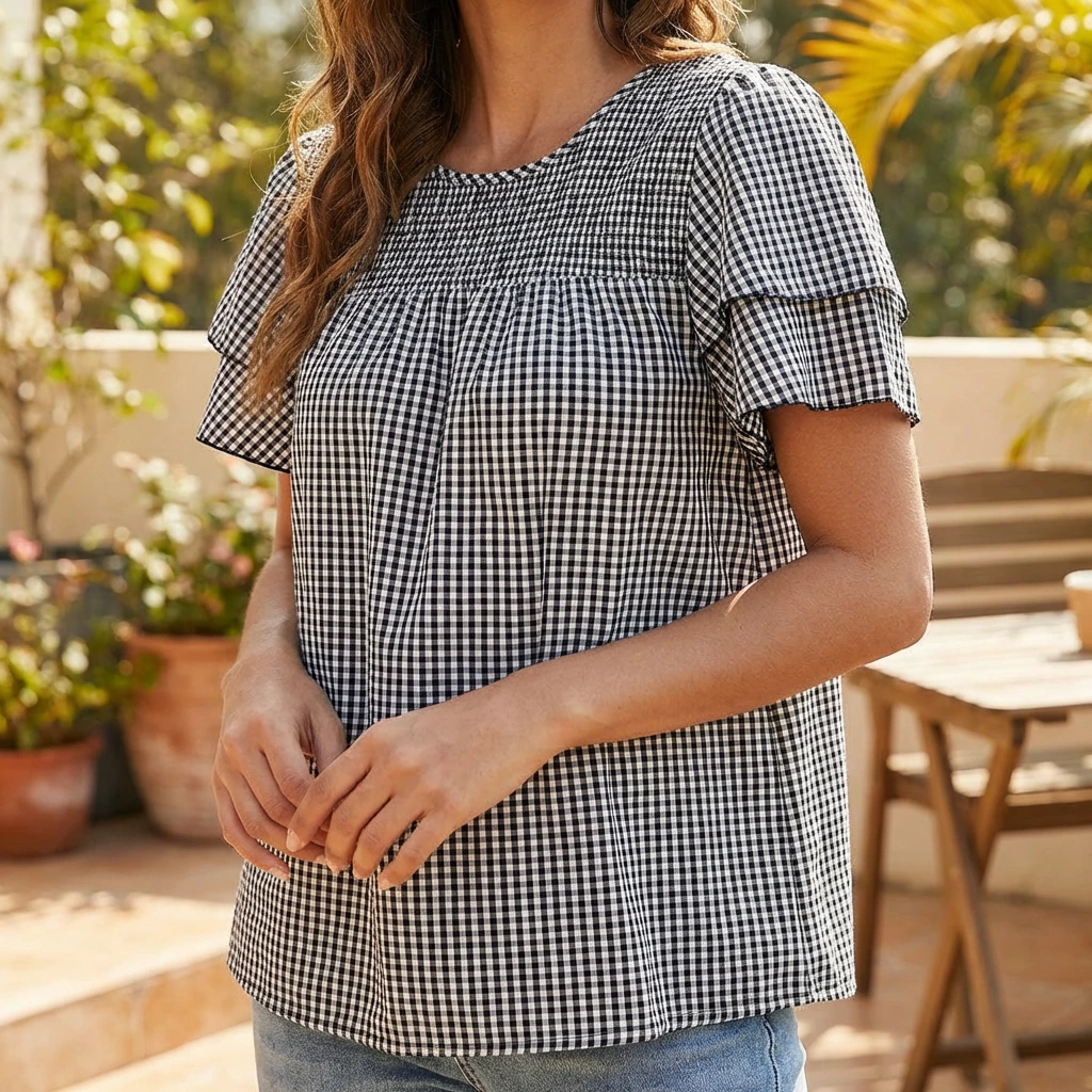Nabalu Elvarie | Women’s Smocked Gingham Peplum Blouse