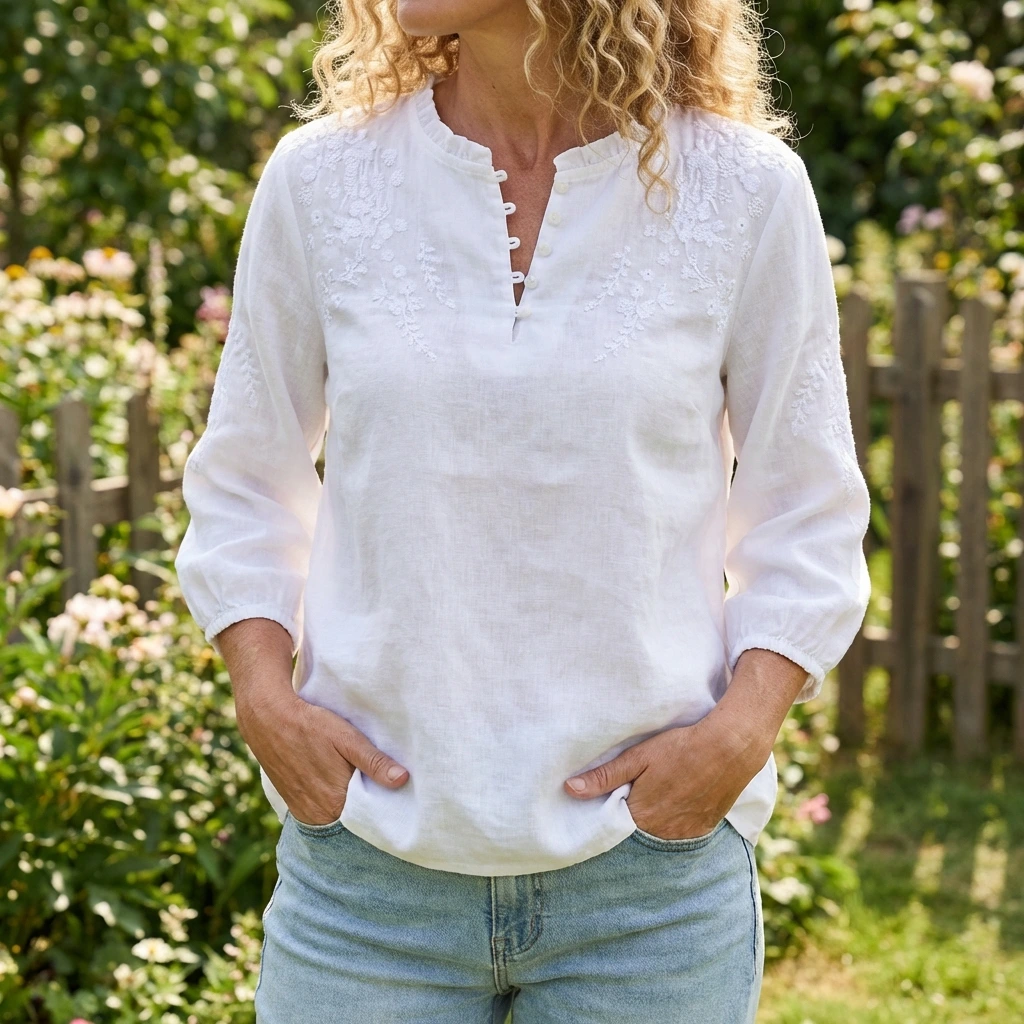 Nabalu Avelyne | Embroidered Split Neck Blouse