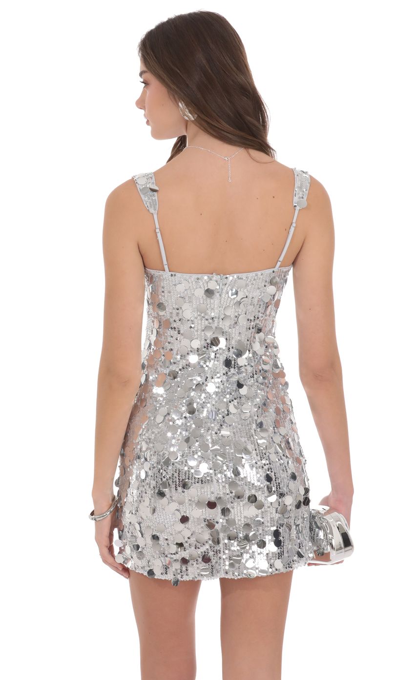 Lucy In The Sky Circle Sequin Square Neck Dress in Silver