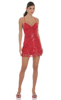 Lucy In The Sky Floral Sequin Embroidered Open Back Dress in Red