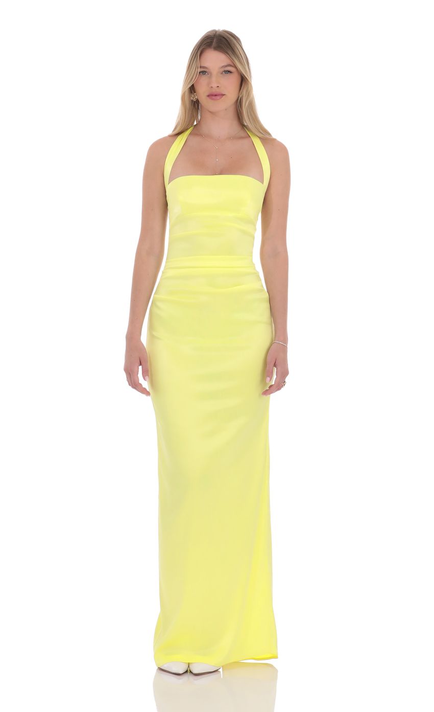 Lucy In The Sky Satin Halter Maxi Dress in Yellow 1