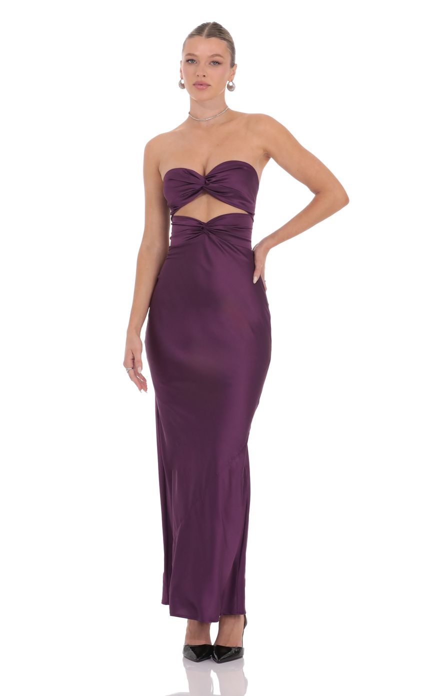 Lucy In The Sky Satin Twist Cutout Maxi Dress in Purple