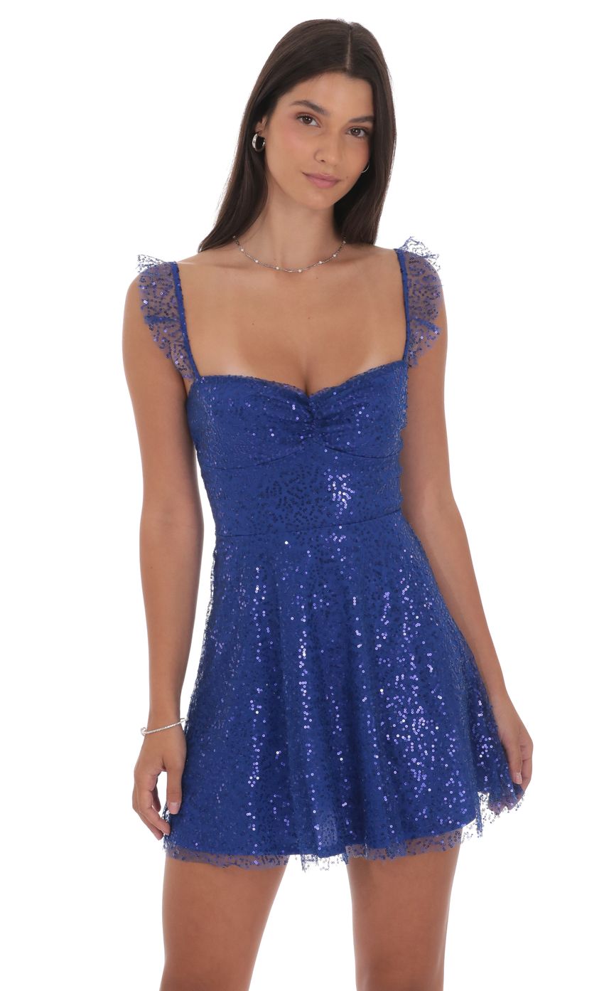 Lucy In The Sky Sequin Ruffle Strap A-Line Dress in Blue