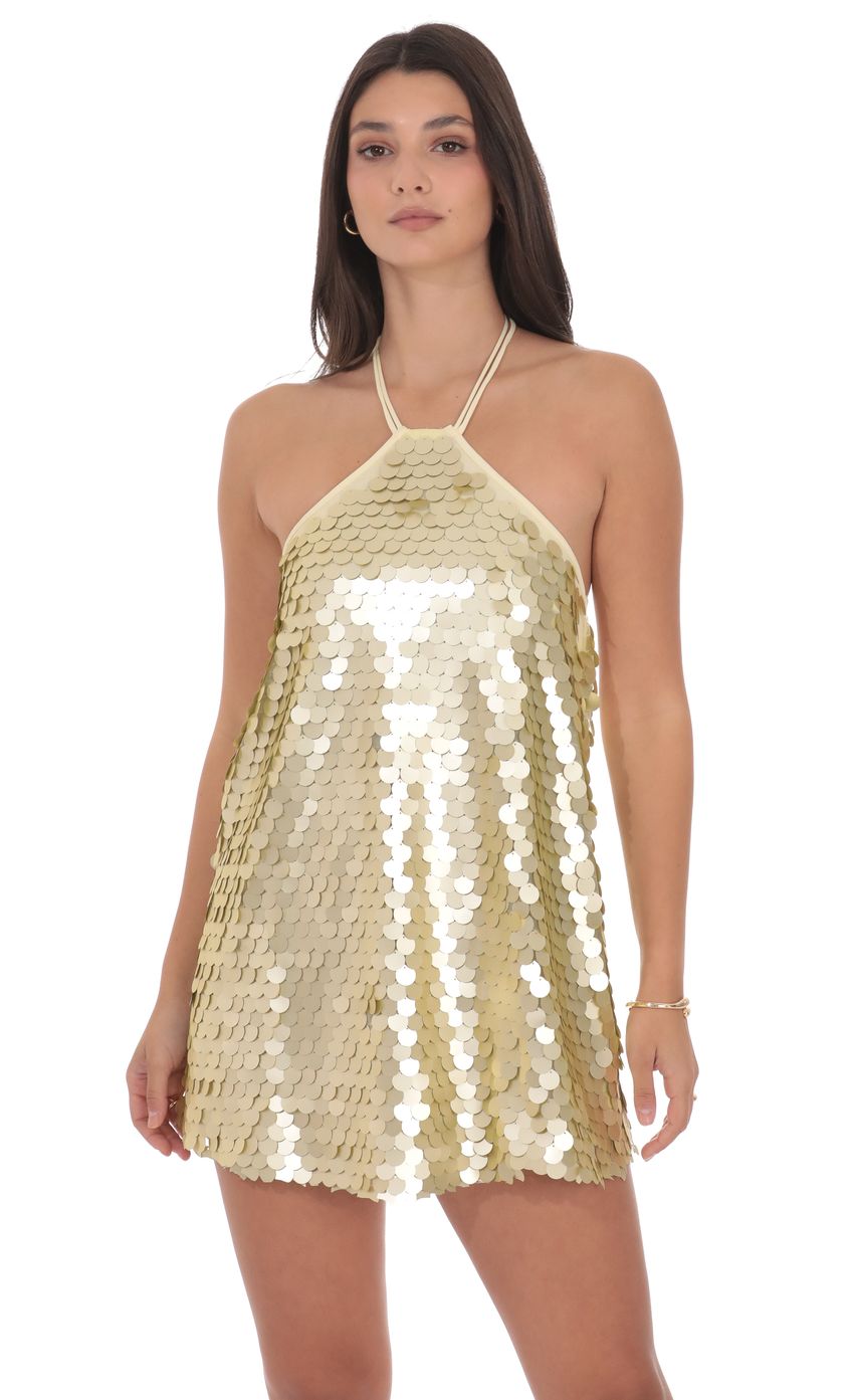 Lucy In The Sky Circle Sequin Halter Shift Dress in Gold