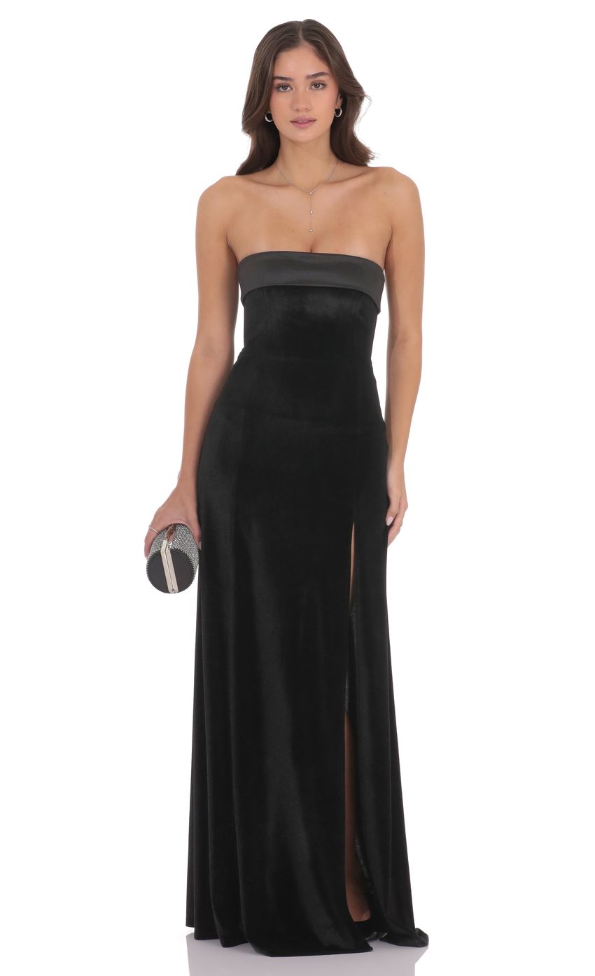 Lucy In The Sky Satin Trim Velvet Strapless Maxi Dress in Black