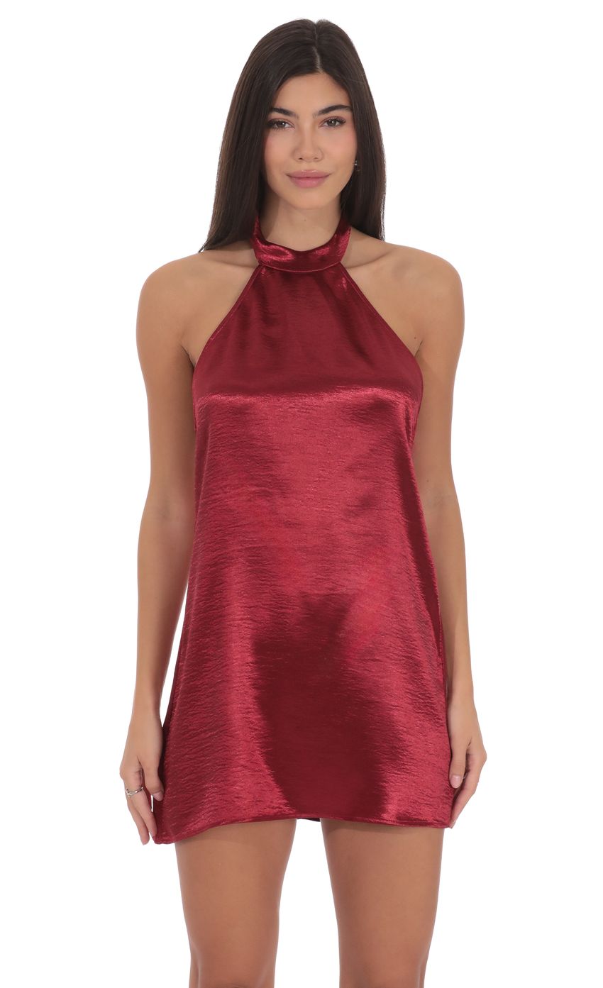 Lucy In The Sky Satin Halter Shift Dress in Maroon