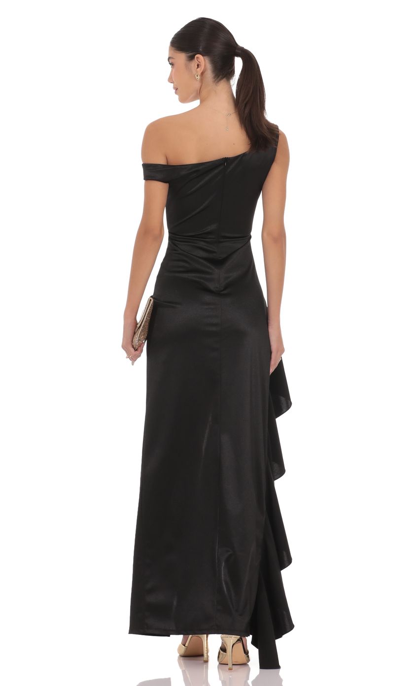 Lucy In The Sky Satin Off Shoulder Maxi Dress in Black