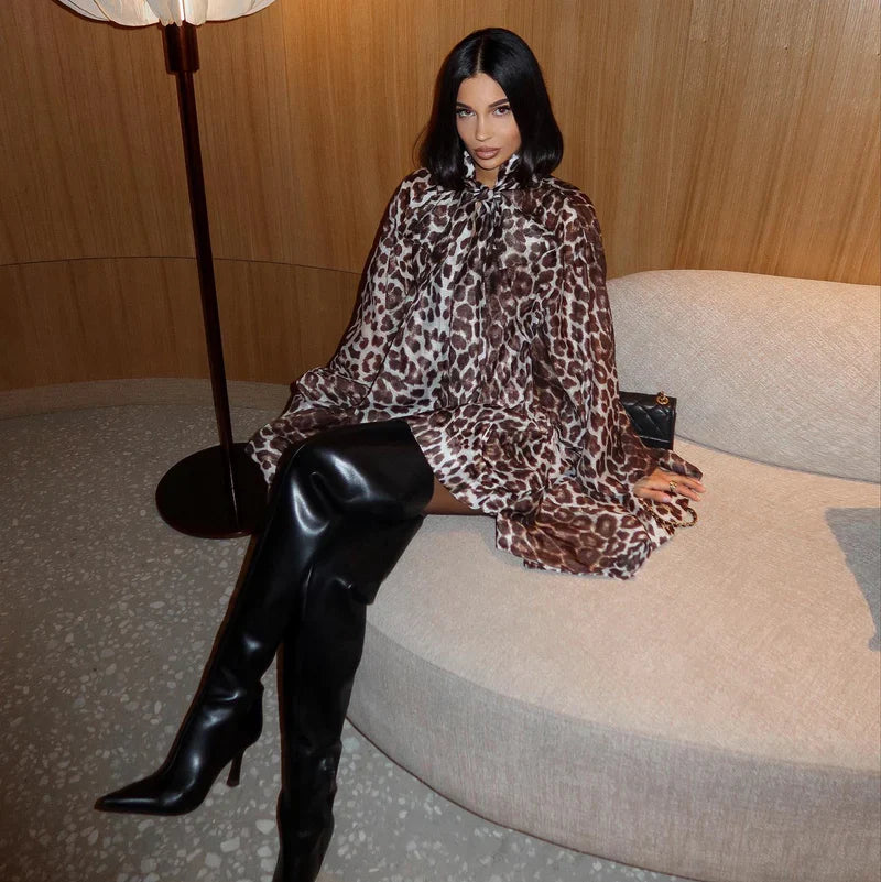 Mermaid Way Bad Reputation Leopard Print Lantern Sleeves Mini Dress