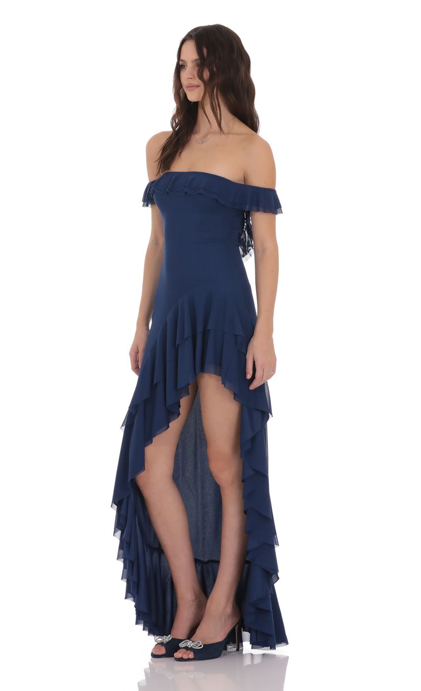 Lucy In The Sky Off Shoulder Ruffle Maxi Dress in Blue