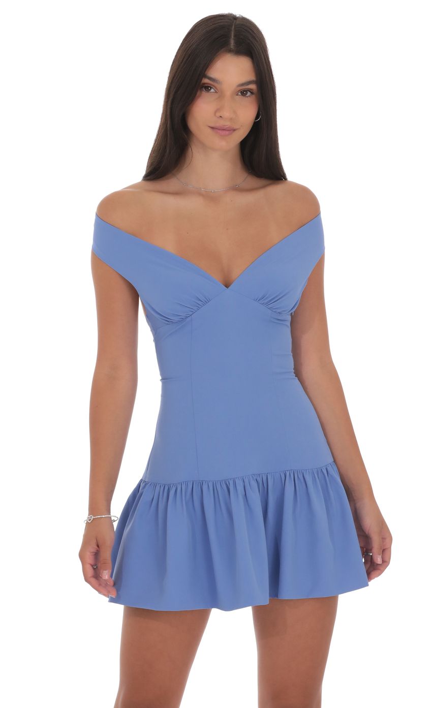 Lucy In The Sky Off Shoulder Drop Waist Dress in Periwinkle