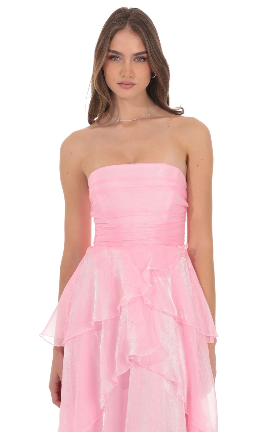 Lucy In The Sky Corset Petal Ruffle Strapless Maxi Dress in Pink