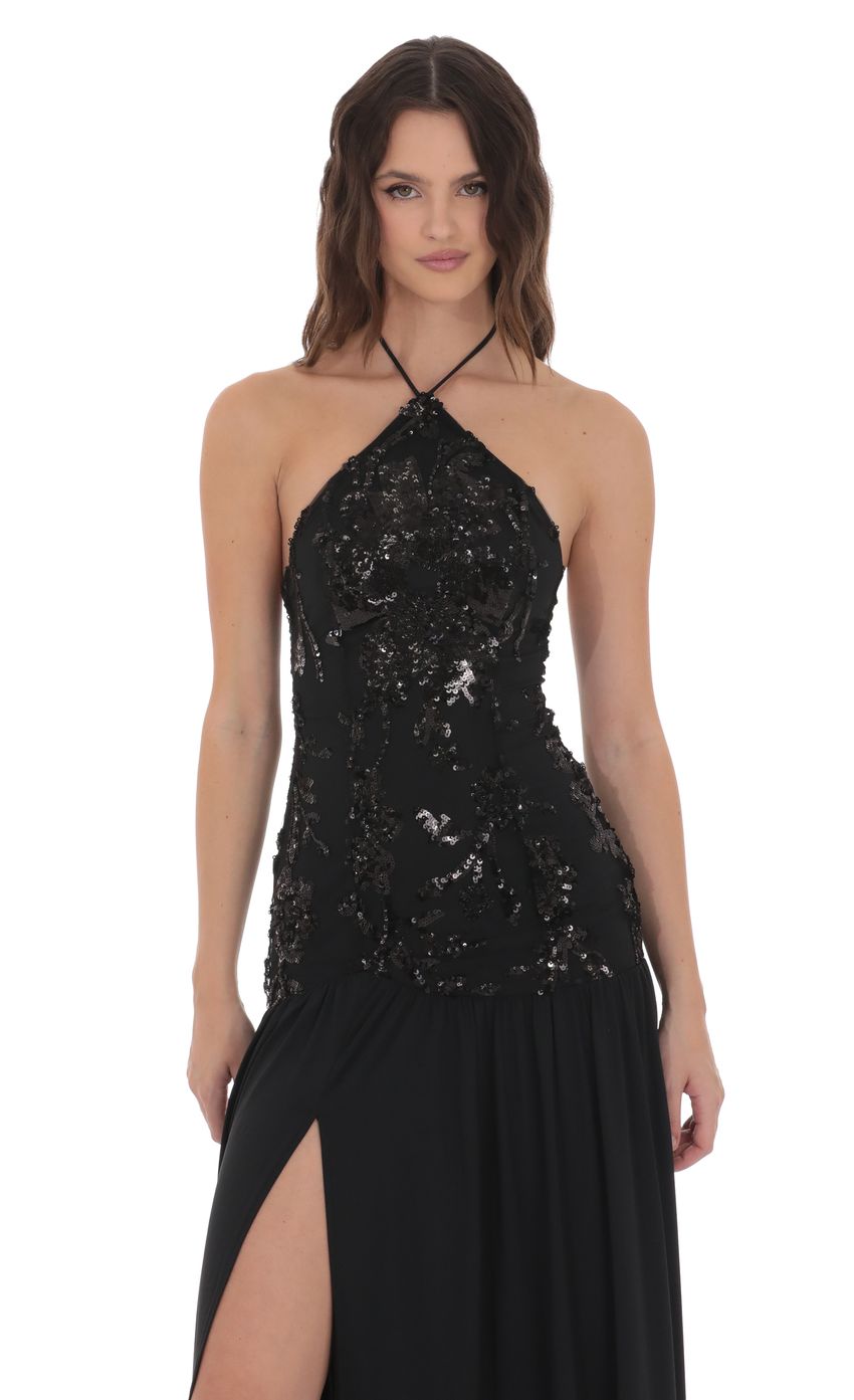 Lucy In The Sky Drop Waist Sequin Maxi Dress in Black