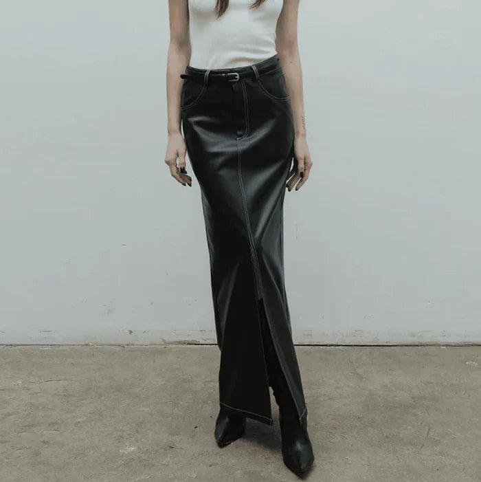 *Black Liqueur Faux Leather Slit Maxi Skirt