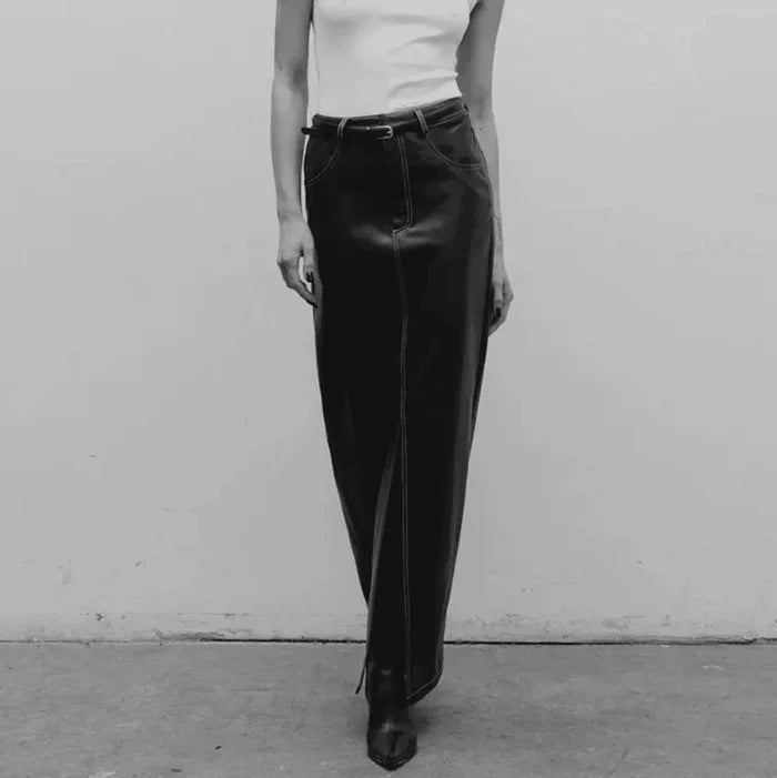 *Black Liqueur Faux Leather Slit Maxi Skirt