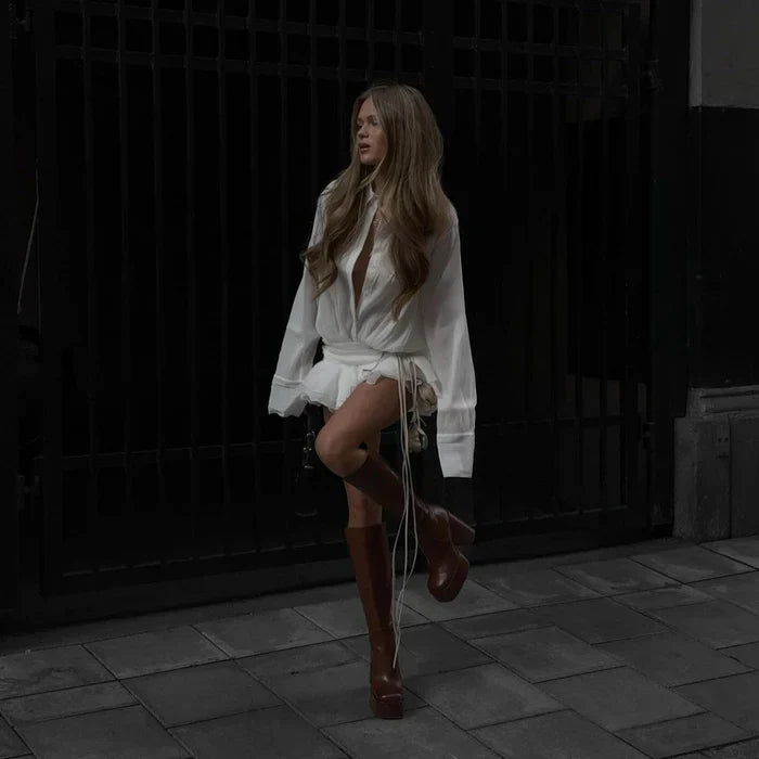 *BouChic Pleated Shirt Mini Dress with Floral Belt