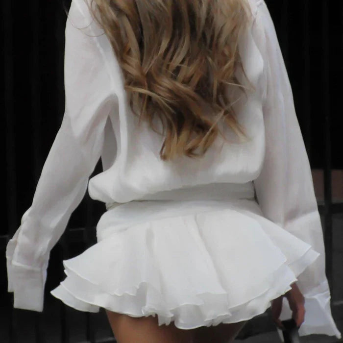 *BouChic Pleated Shirt Mini Dress with Floral Belt