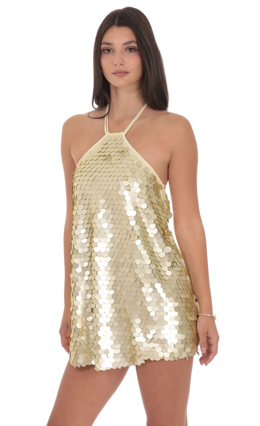 Lucy In The Sky Circle Sequin Halter Shift Dress in Gold