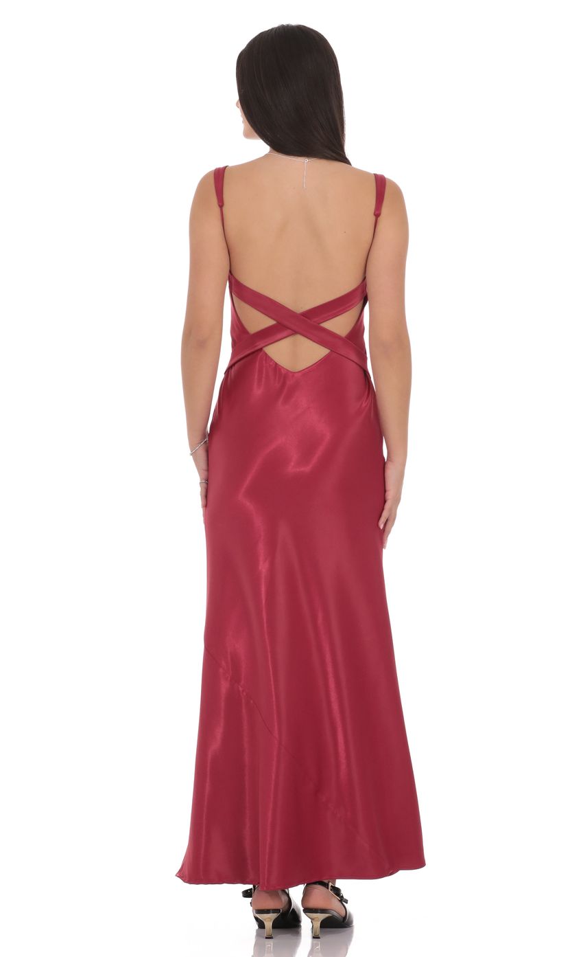 Lucy In The Sky Satin Open Back Maxi Dress in Maroon