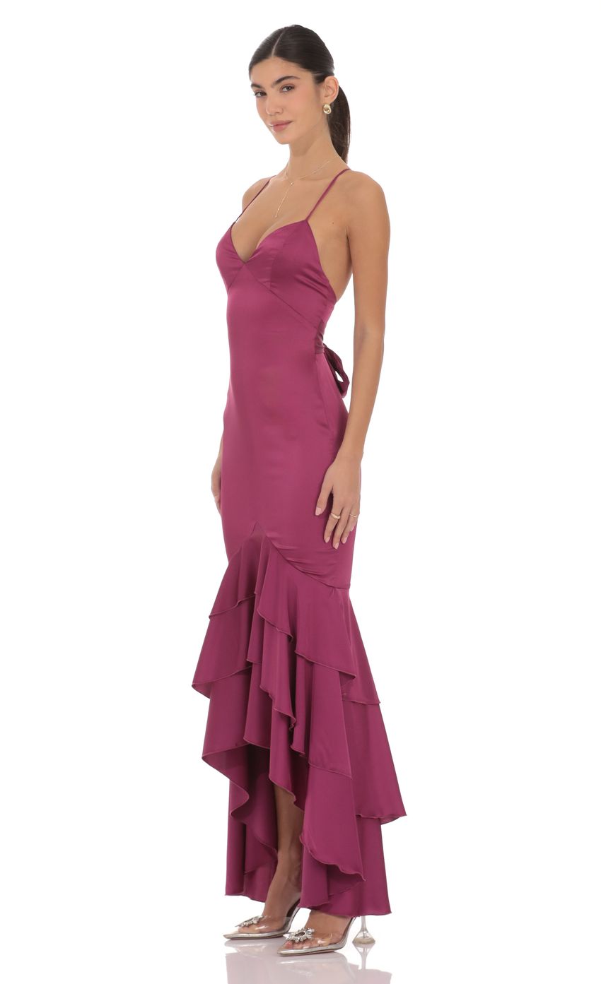 Lucy In The Sky Satin Ruffle Fishtail Maxi Dress in Magenta
