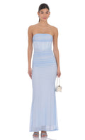 Lucy In The Sky Mesh Strapless Corset Maxi Dress in Light Blue