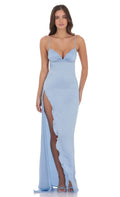 Lucy In The Sky Satin Ruffle Slit Maxi Dress in Light Blue