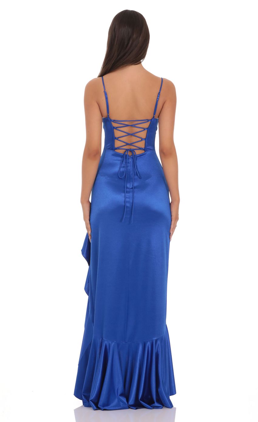 Lucy In The Sky Satin Ruffle Maxi Dress in Royal Blue
