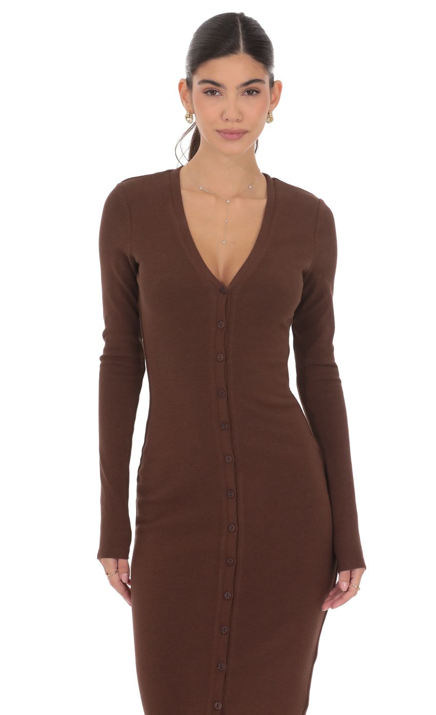 Lucy In The Sky Button Down Ribbed Maxi Dress in Brown