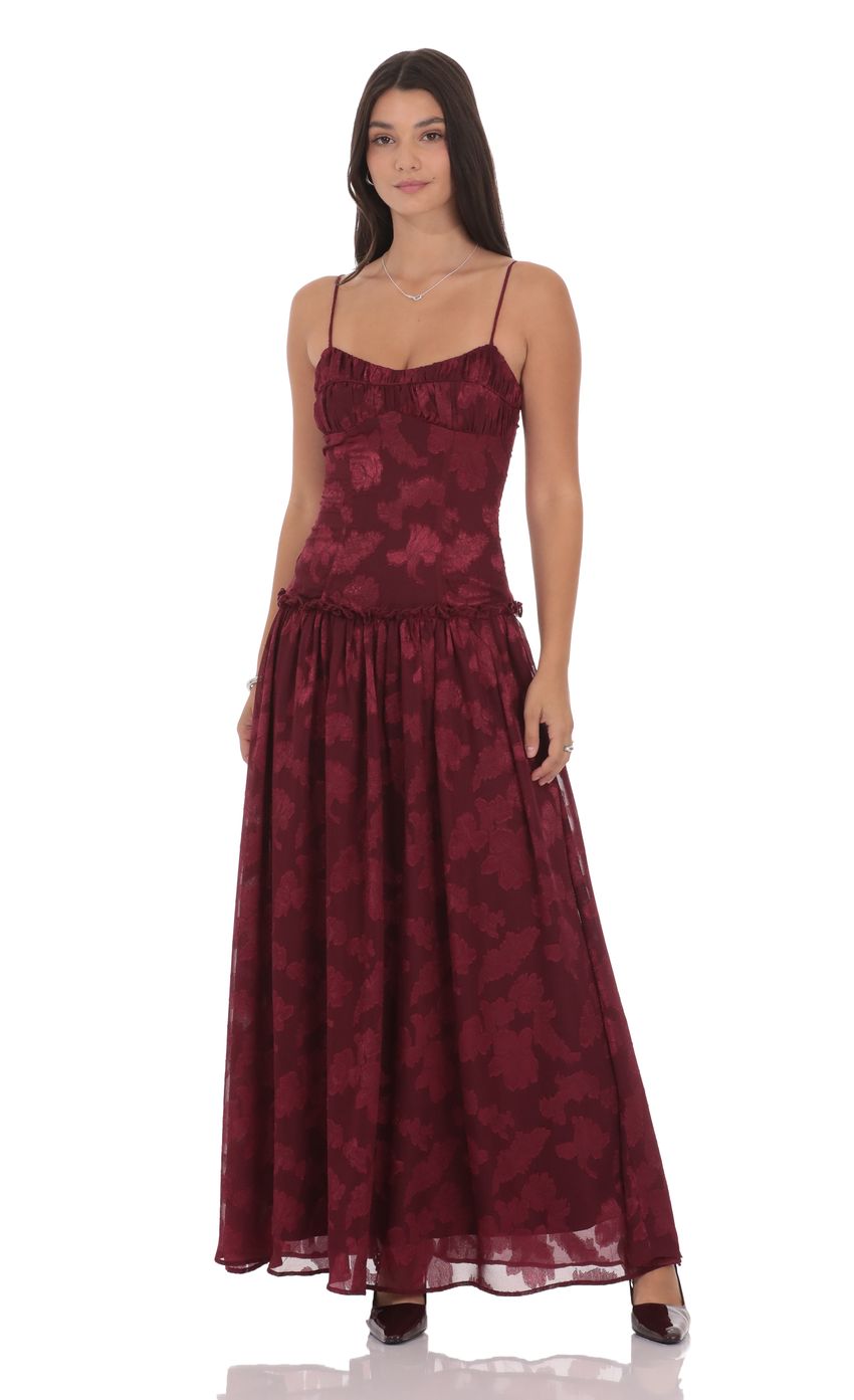 Lucy In The Sky Floral Chiffon Maxi Dress in Burgundy
