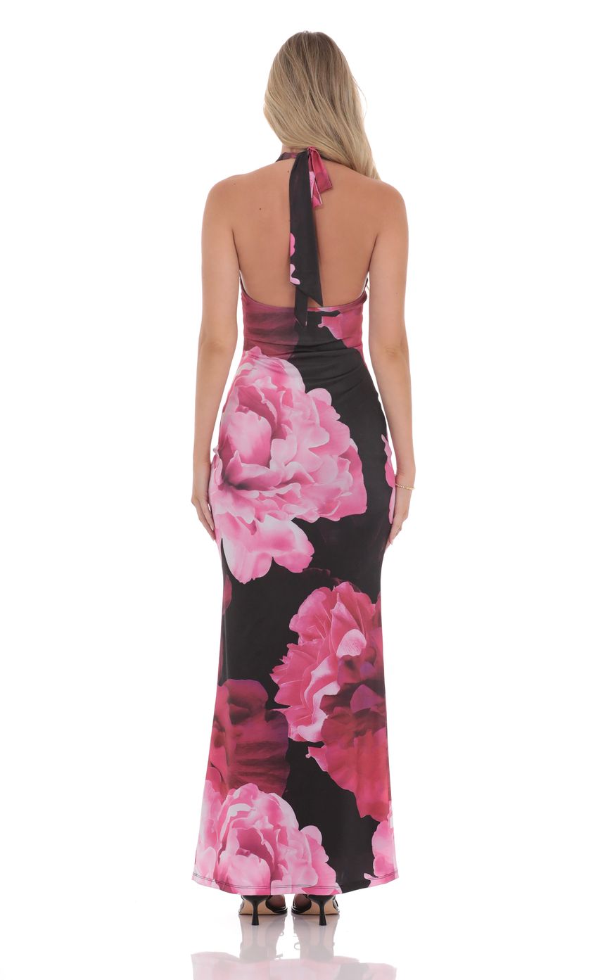 Lucy In The Sky Pink Floral Halter Maxi Dress in Black