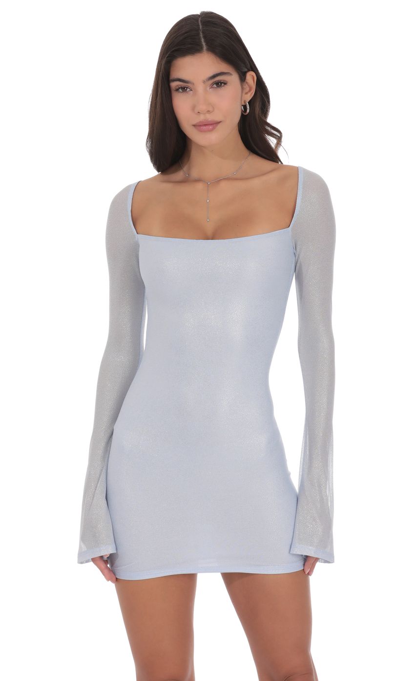 Lucy In The Sky Foil Long Sleeve Bodycon Dress in Baby Blue