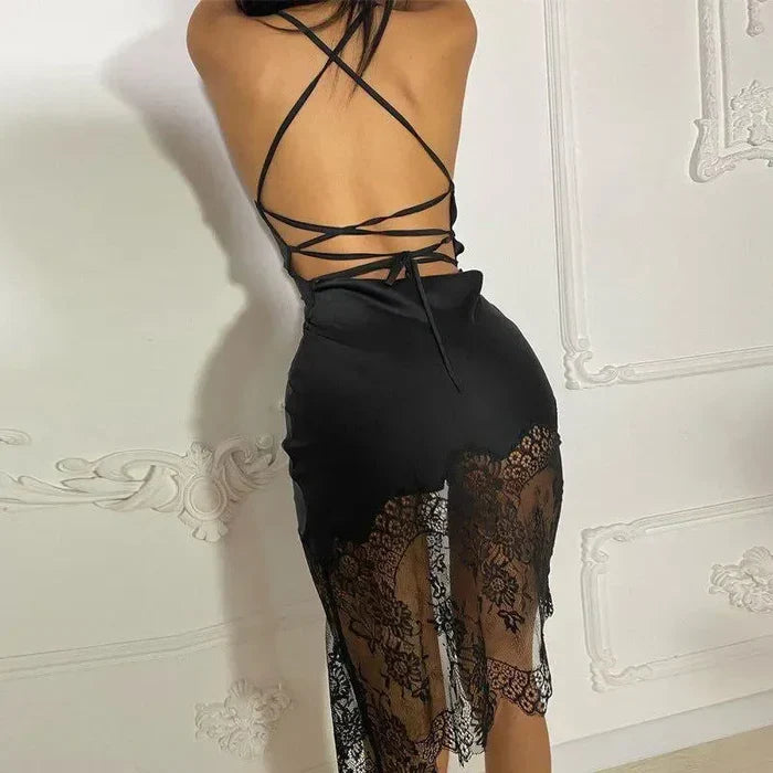 Mermaid Way Carmen Lace Strap Satin Midi Dress
