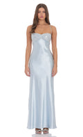 Lucy In The Sky Sequin Bust Satin Maxi Dress in Light Blue