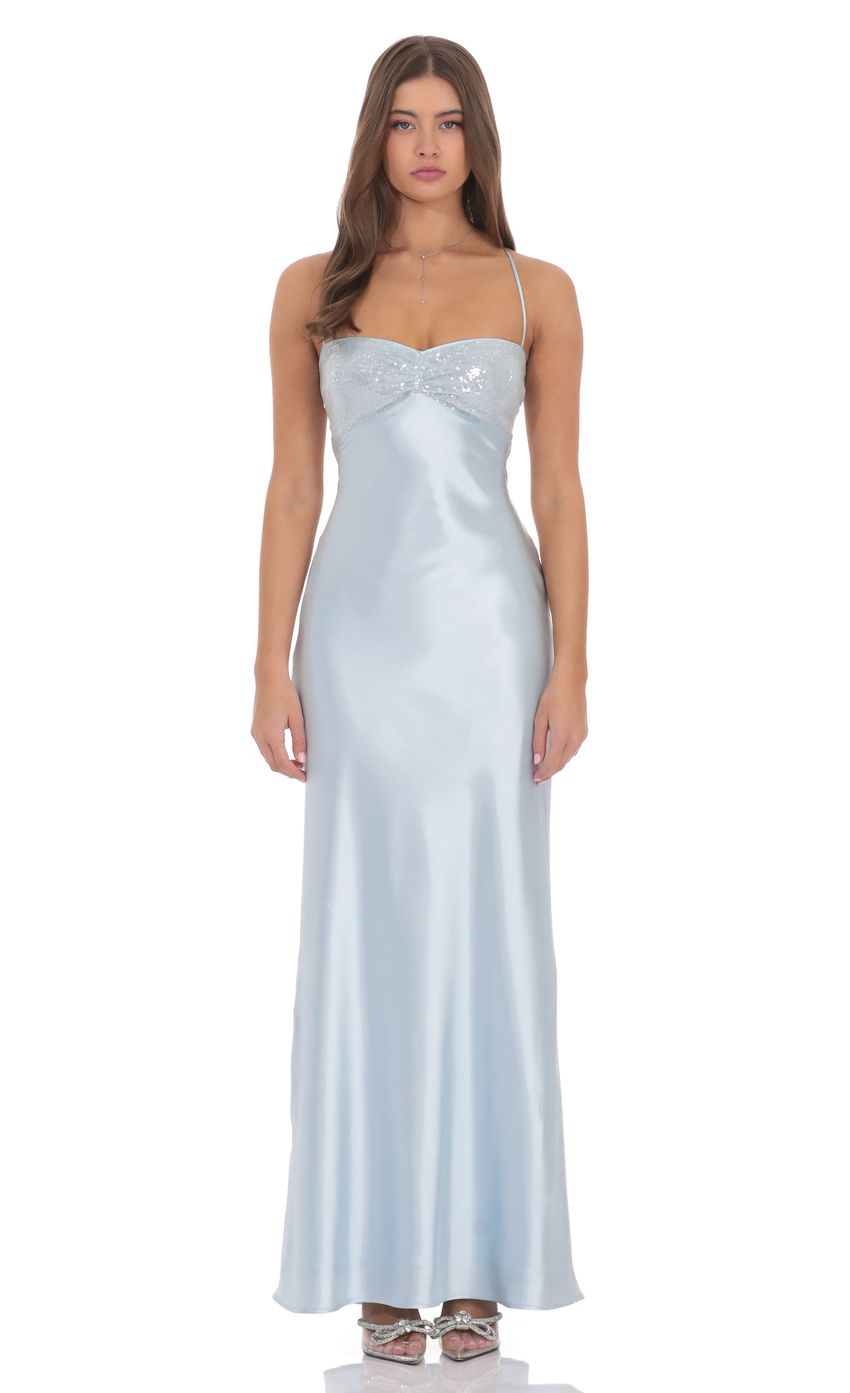 Lucy In The Sky Sequin Bust Satin Maxi Dress in Light Blue