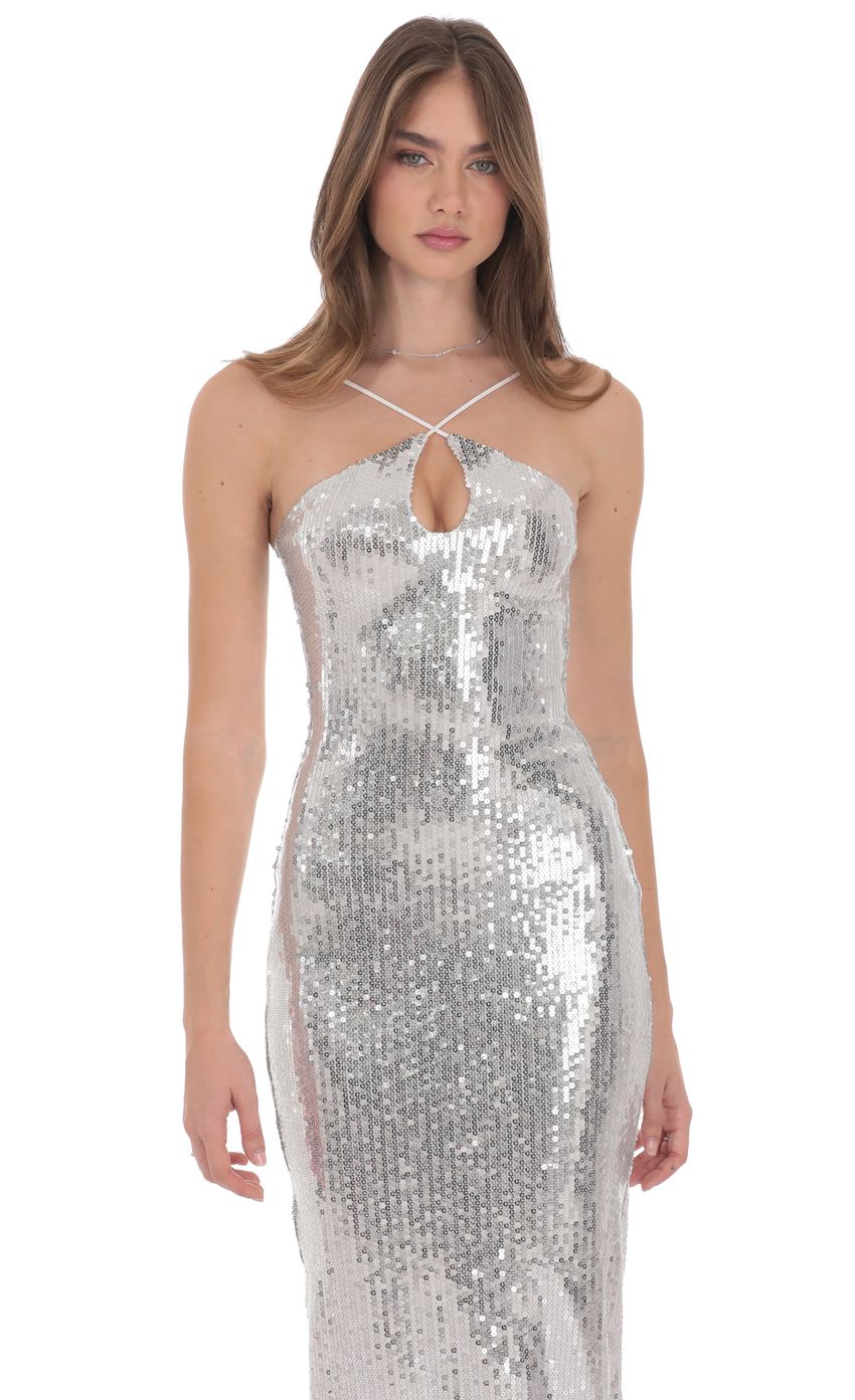 Lucy In The Sky Sequin Keyhole Maxi Dress in Silver