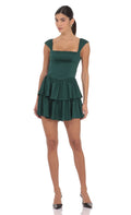 Lucy In The Sky Satin Wide Strap Ruffle Dress in Green