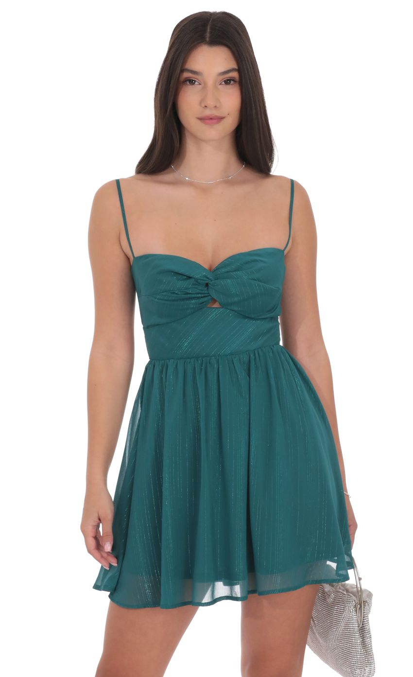 Lucy In The Sky Shimmer Front Twist A-line Dress in Teal
