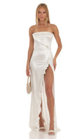 Lucy In The Sky Strapless Satin Maxi Dress in White